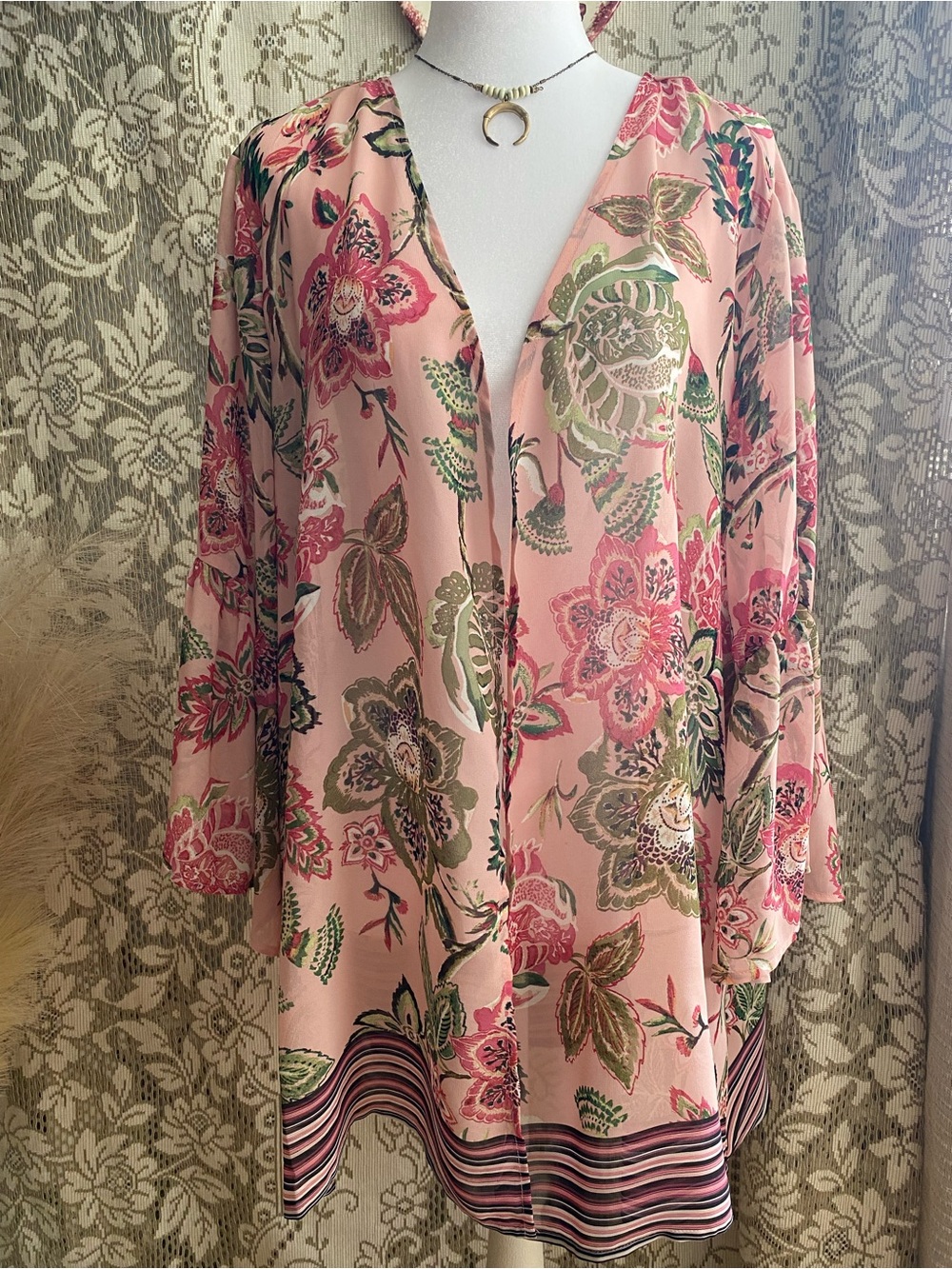 Kimono Cardigan Pink Floral Open-Front Bell Sleeves By Style & Co Womens Size M